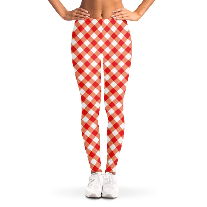 Lava Red And White Gingham Print Women's Leggings Trendy Foil Finish Leggings