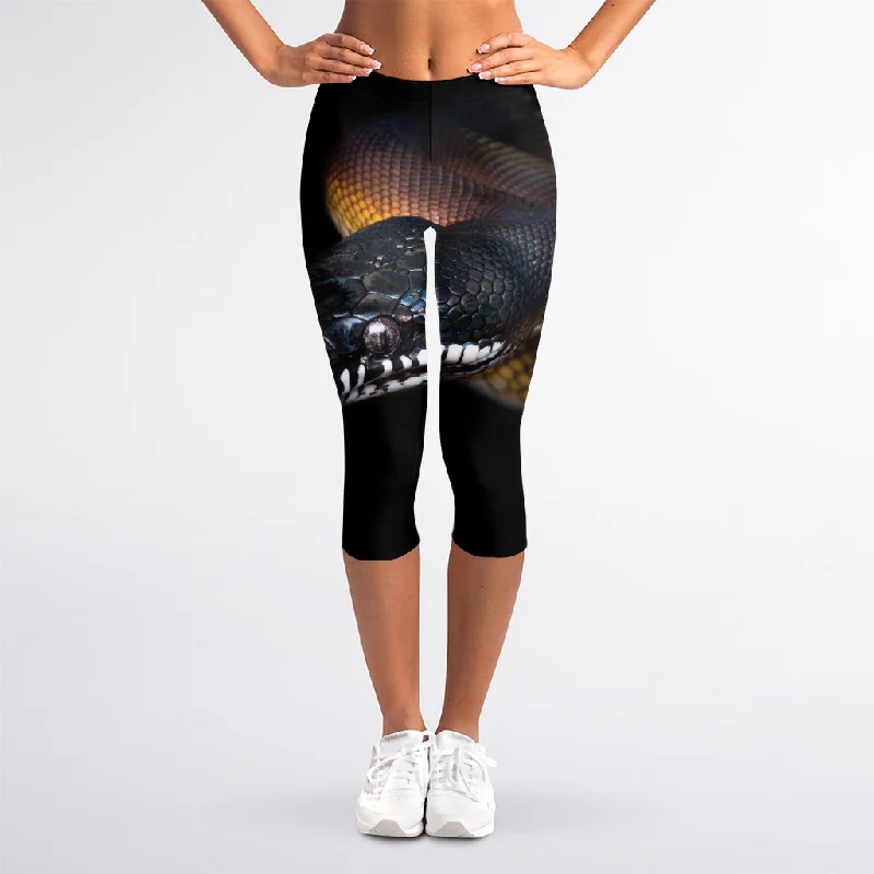 Leiopython Snake Print Women's Capri Leggings Comfortable Athletic Tights