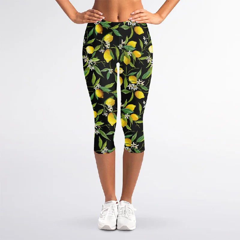 Lemon And Flower Pattern Print Women's Capri Leggings Stylish Side-Stripe Leggings