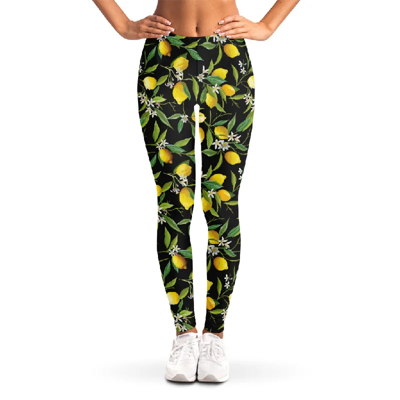 Lemon And Flower Pattern Print Women's Leggings Stylish Pockets Active Leggings