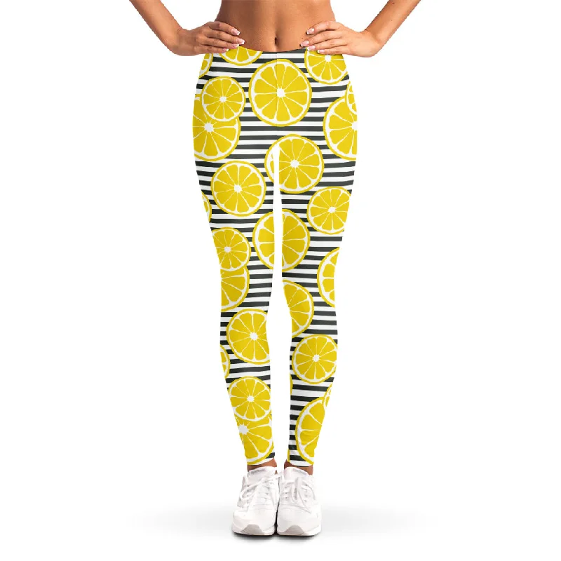 Lemon Striped Pattern Print Women's Leggings Stylish Faux Leather Leggings