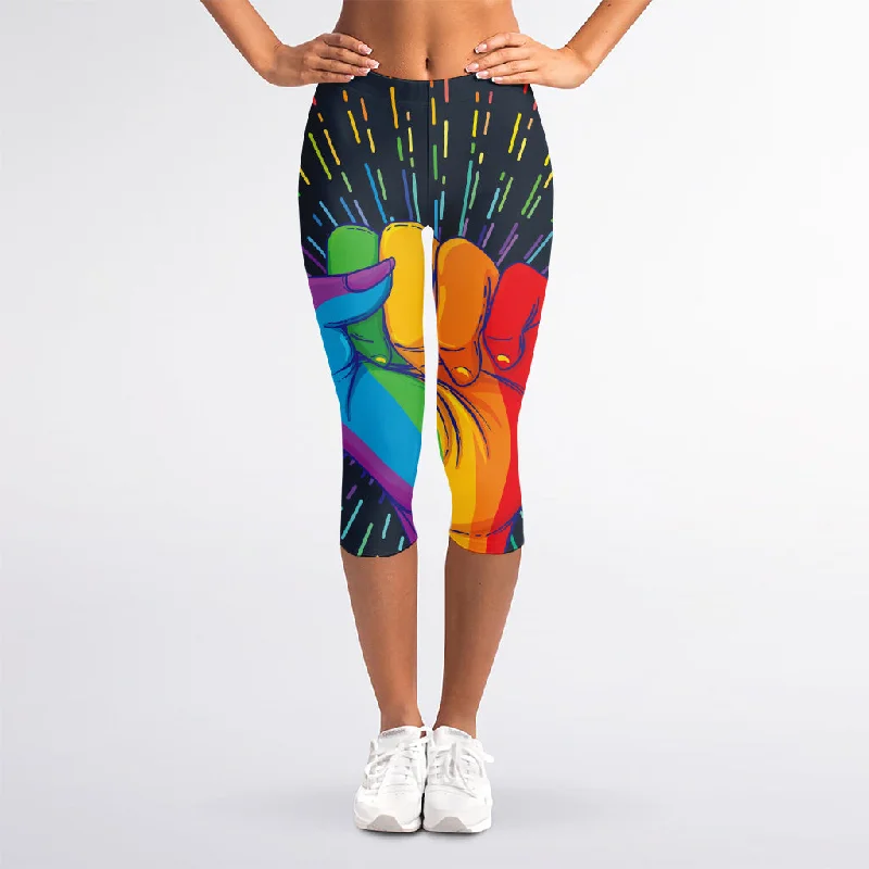 LGBT Pride Rainbow Hand Print Women's Capri Leggings Trendy Sporty Compression Leggings