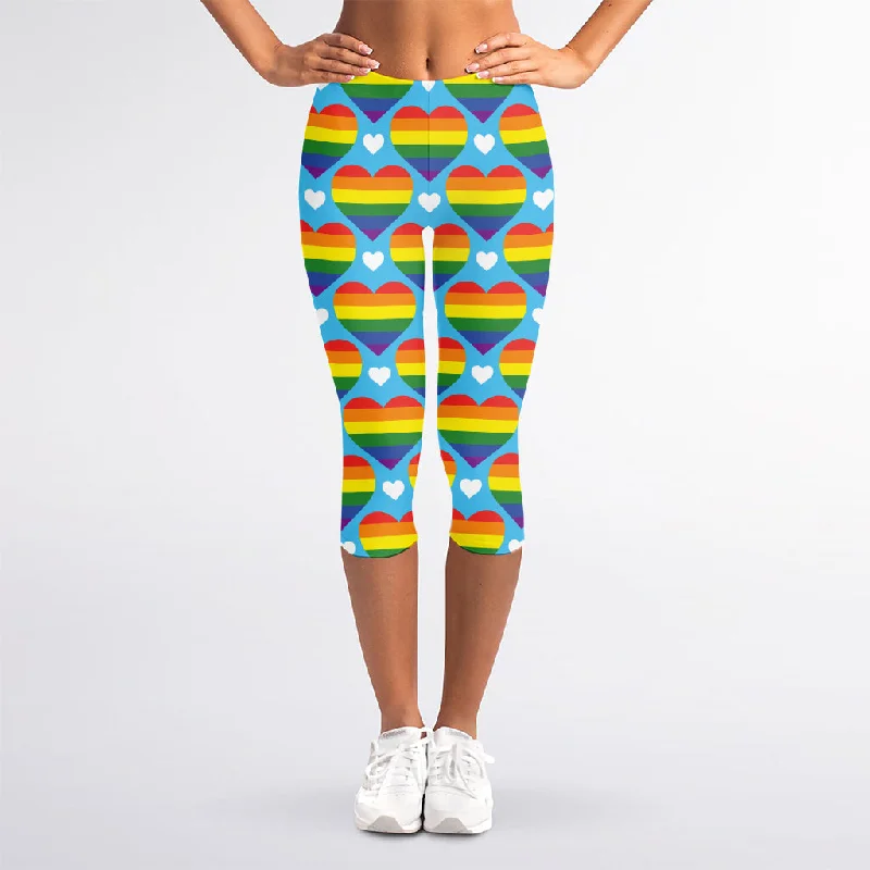 LGBT Pride Rainbow Heart Pattern Print Women's Capri Leggings Elegant Full-Body Leggings