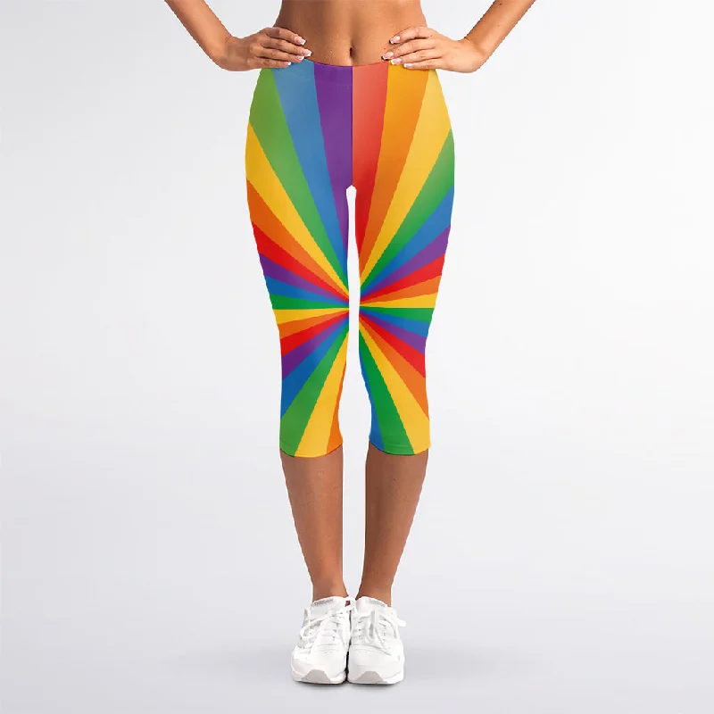 LGBT Pride Rainbow Rays Print Women's Capri Leggings Trendy Digital Print Leggings