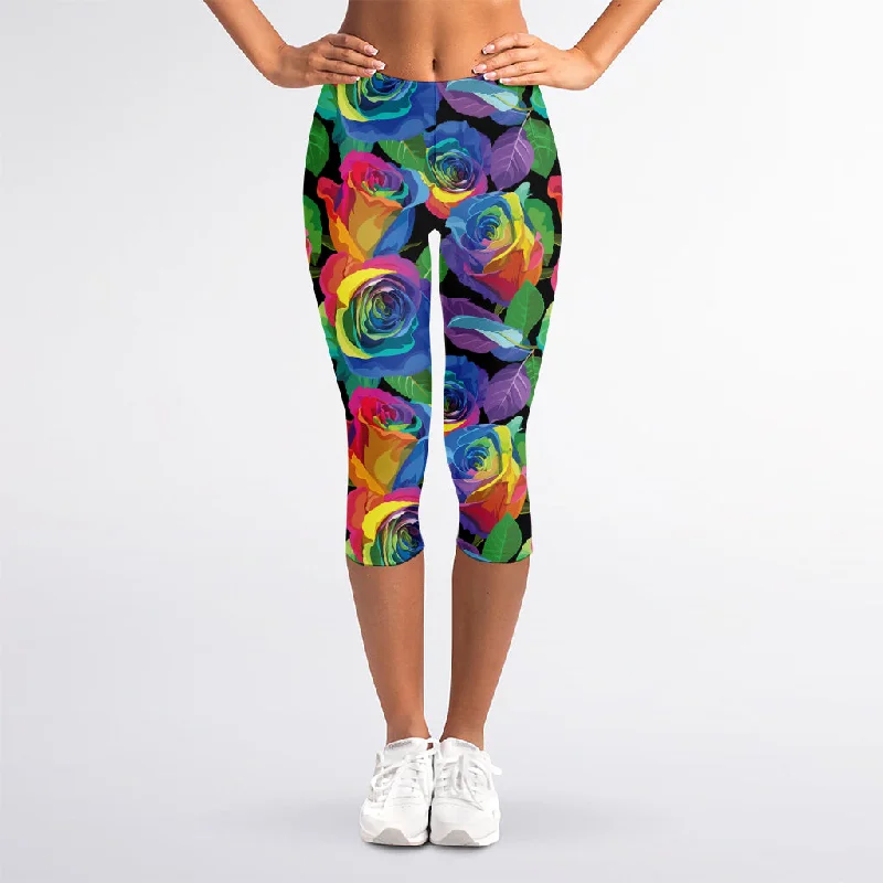 LGBT Pride Rainbow Roses Pattern Print Women's Capri Leggings Comfortable Cold Weather Leggings