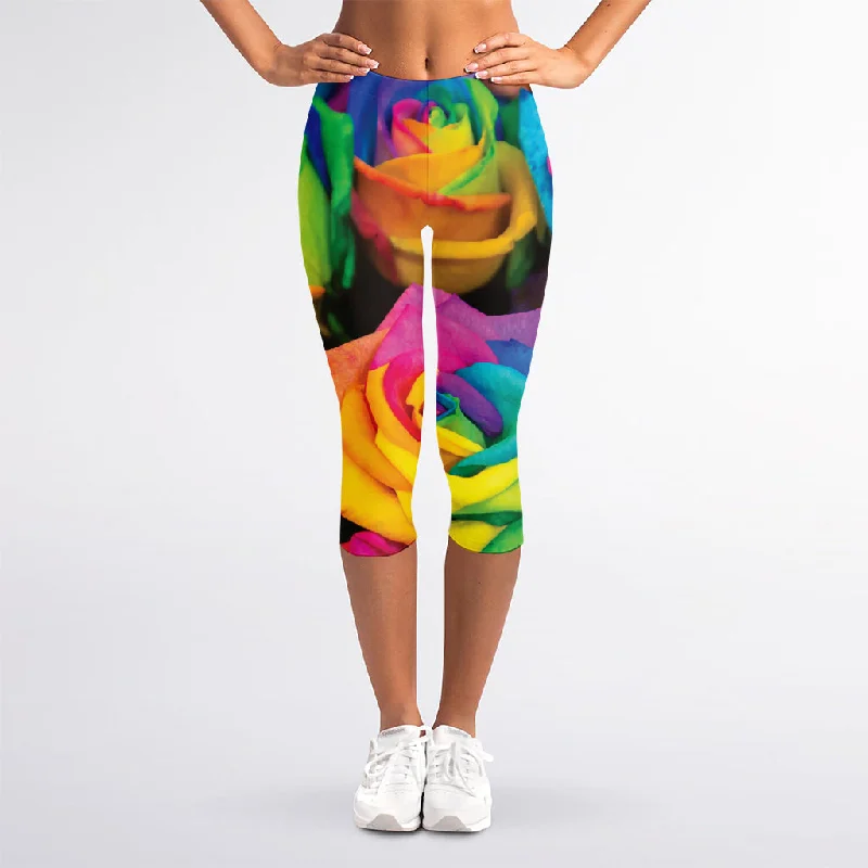 LGBT Pride Rainbow Roses Print Women's Capri Leggings Chic Smooth Fit Leggings