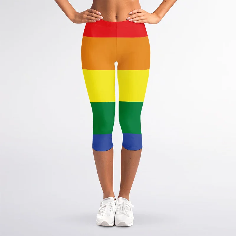 LGBT Pride Rainbow Striped Print Women's Capri Leggings Fashionable Smooth Fit Leggings