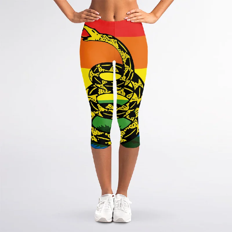 LGBT Rainbow Gadsden Flag Print Women's Capri Leggings Comfortable Classic Yoga Leggings