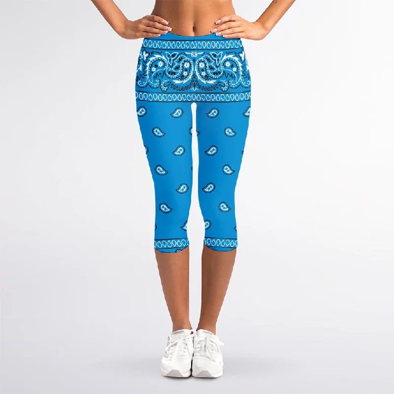 Light Blue Paisley Bandana Print Women's Capri Leggings Trendy High-Waist Tummy Control Leggings