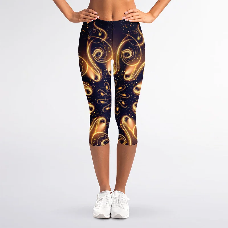 Light Fractal Print Women's Capri Leggings Trendy Seamless Fit Leggings