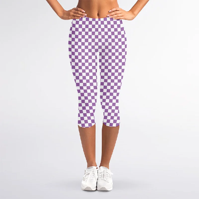 Light Purple And White Checkered Print Women's Capri Leggings Fashionable Quick-Dry Leggings