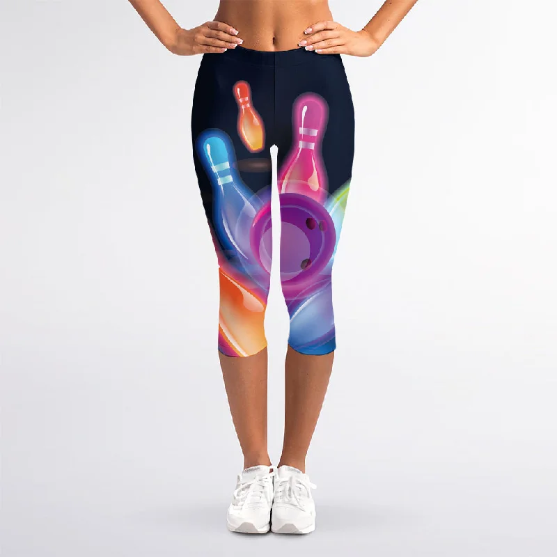 Light Up Bowling Pins Print Women's Capri Leggings Trendy Ombre Effect Leggings