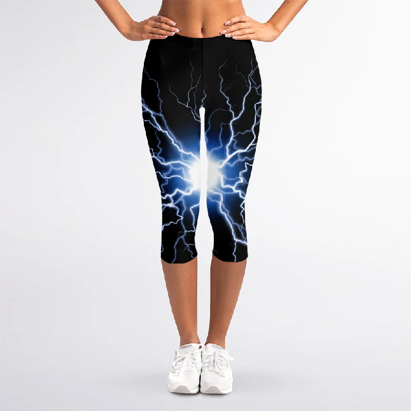 Lightning Spark Print Women's Capri Leggings Trendy Side-Pocket Leggings