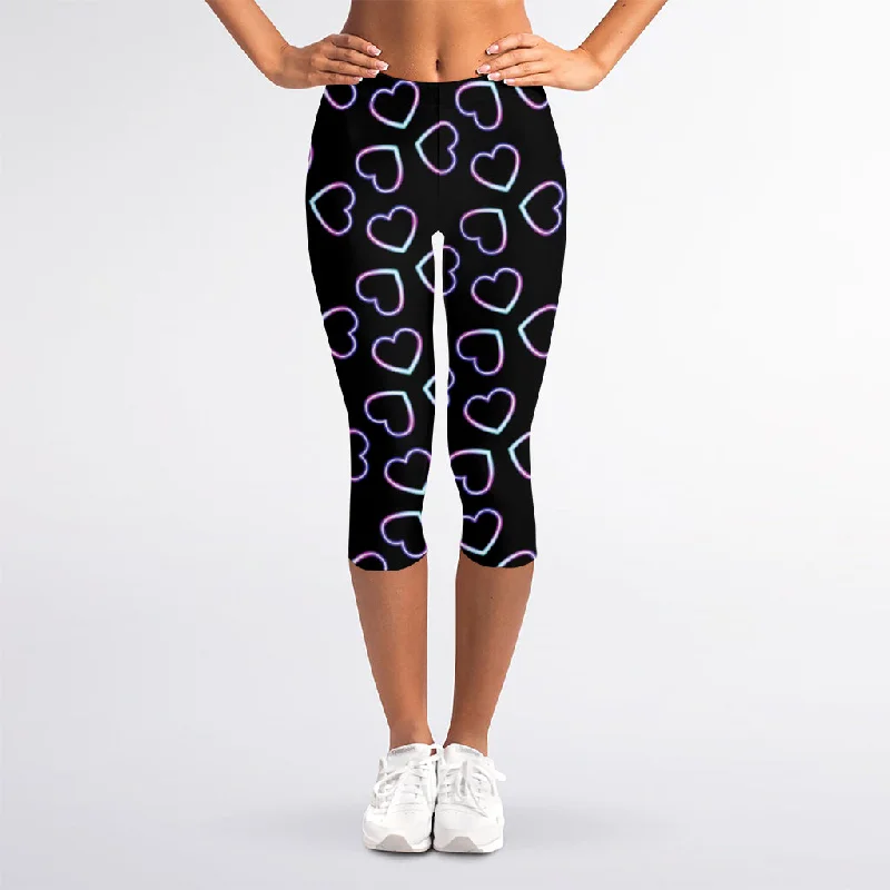 Lights Heart Pattern Print Women's Capri Leggings Casual Black Leggings