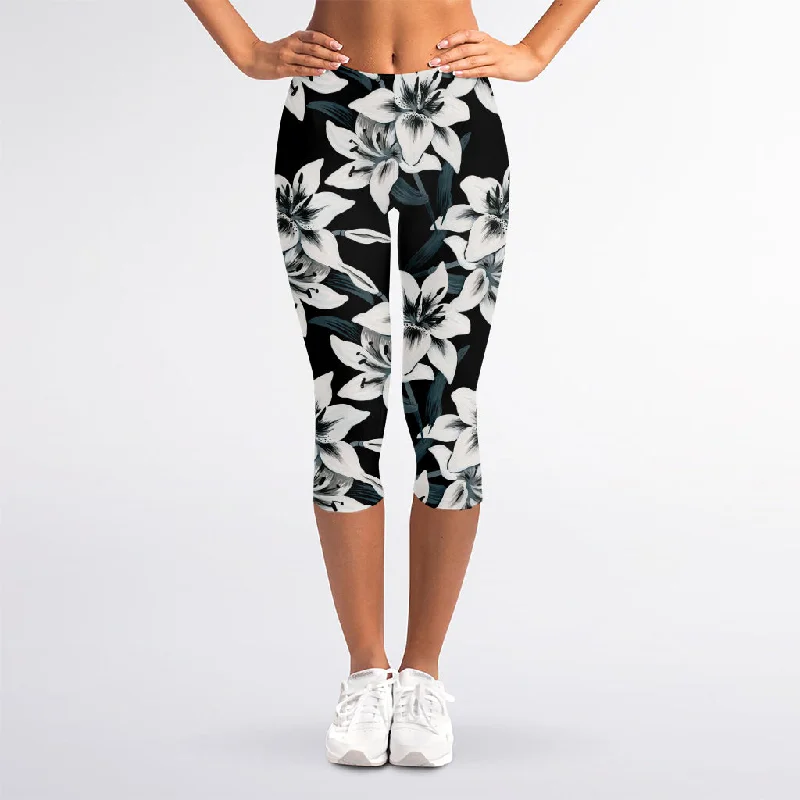 Lily Floral Pattern Print Women's Capri Leggings Cozy Sweat-Wicking Leggings