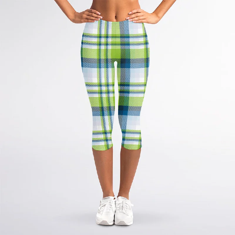 Lime And Blue Madras Plaid Print Women's Capri Leggings Elegant Metallic Leggings