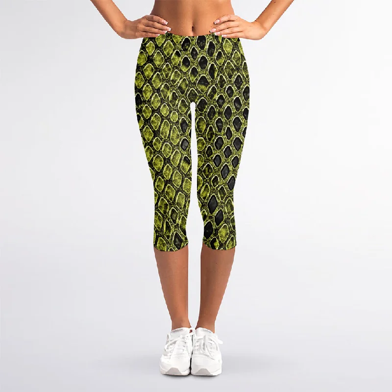 Lime Green And Black Snakeskin Print Women's Capri Leggings Stylish Stretch-Waist Leggings