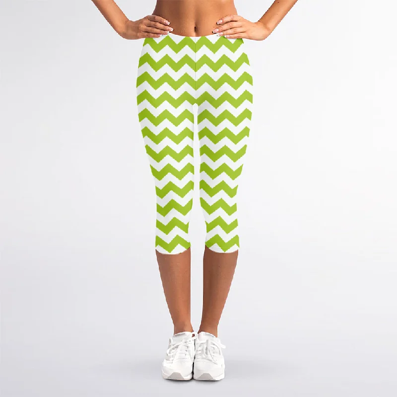 Lime Green And White Chevron Print Women's Capri Leggings Fashionable Tummy Control Leggings