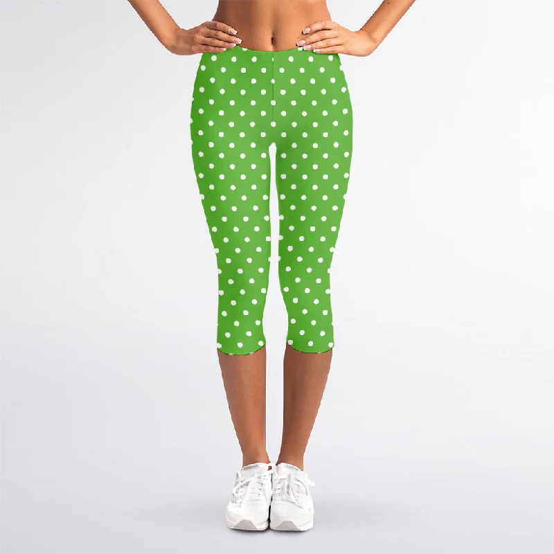 Lime Green And White Polka Dot Print Women's Capri Leggings Casual Slim-Fit Leggings