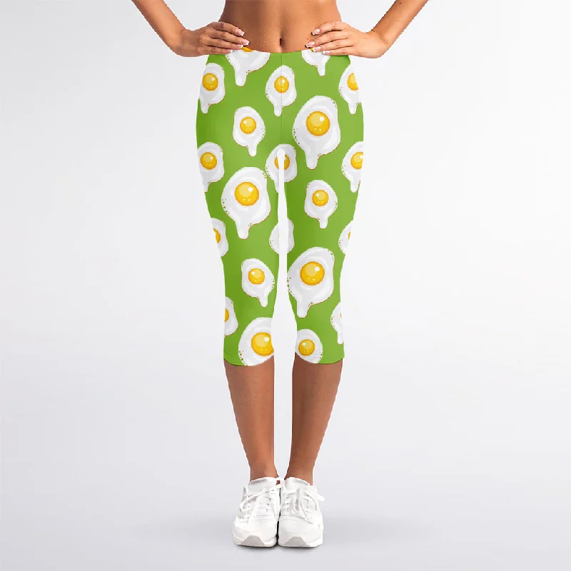 Lime Green Fried Eggs Pattern Print Women's Capri Leggings Stylish Printed Stretch Leggings