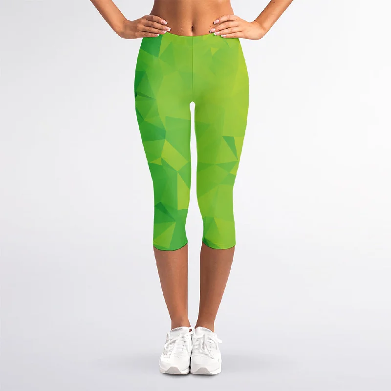 Lime Green Polygonal Geometric Print Women's Capri Leggings Fashionable Printed Leggings