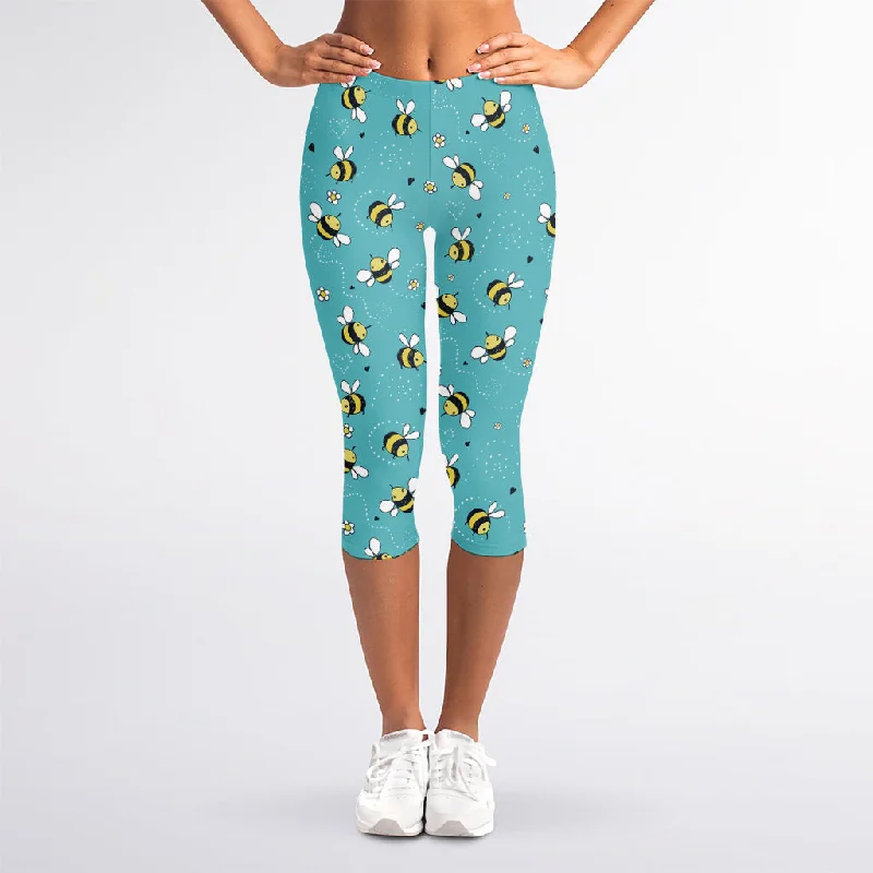 Little Bee Pattern Print Women's Capri Leggings Trendy Patterned Leggings