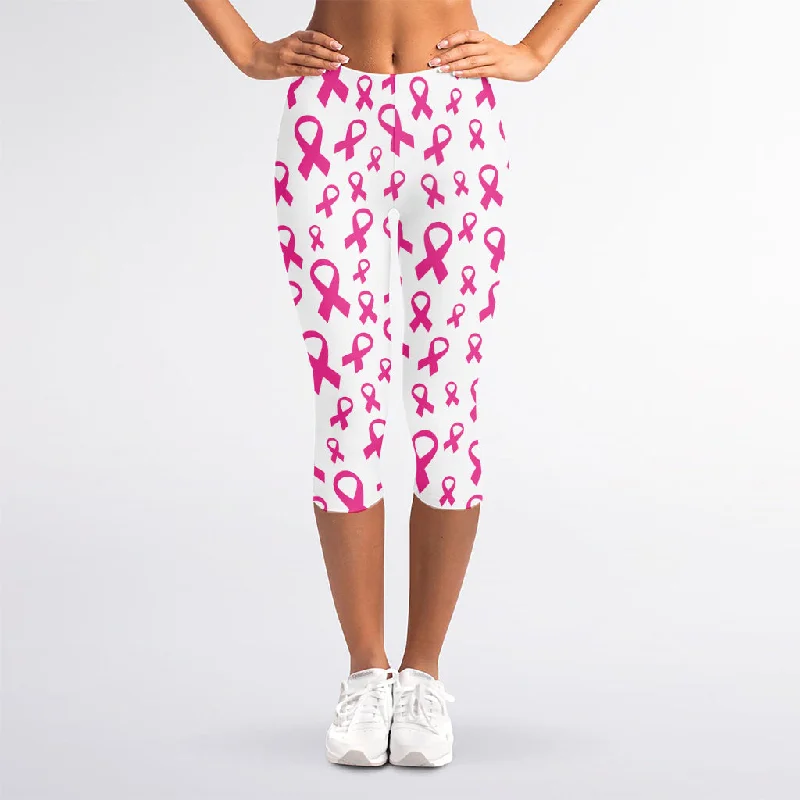 Little Breast Cancer Ribbon Print Women's Capri Leggings Comfortable Compression Leggings