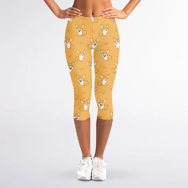 Little Corgi Pattern Print Women's Capri Leggings Elegant Black Leggings